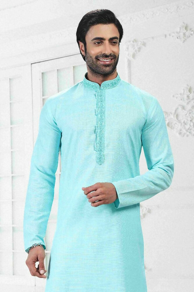 Raivat Ethnic Linen Cotton Thread Work Kurta Pajama In Sky Blue Colour | Grocsy