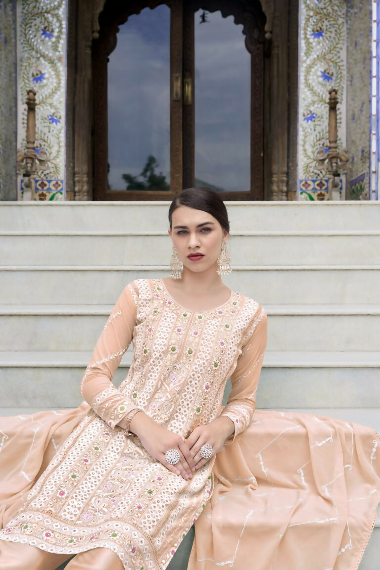 Jyoti Fashion Women's Peach Faux Georgette Heavy Embroidery and Moti Work Kurta Set | Grocsy