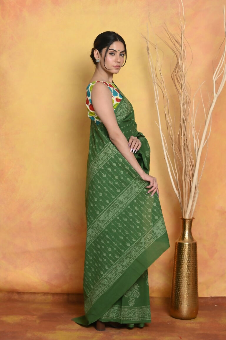 Very Much Indian Handblock Printed Cotton Saree With Natural Dyes - Green | Grocsy