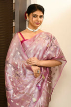 Joban Fashion Purple Saree Tissue Zari Buti Allover Applick With Contrast Blouse | Grocsy