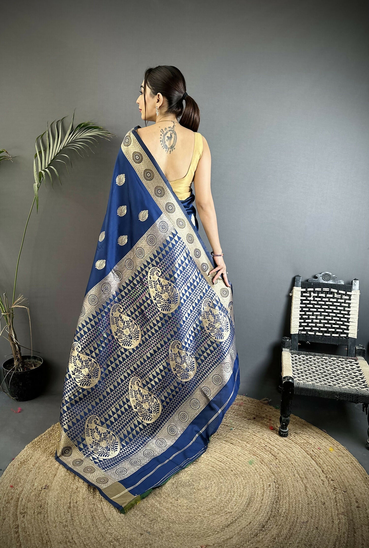 Joban Fashion Navy Blue Paisley Soft Silk Banarasi Saree | Grocsy