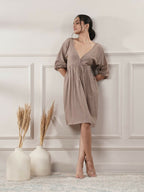 Joban Fashion Women's Brown Cotton V-Neck Dress | Grocsy