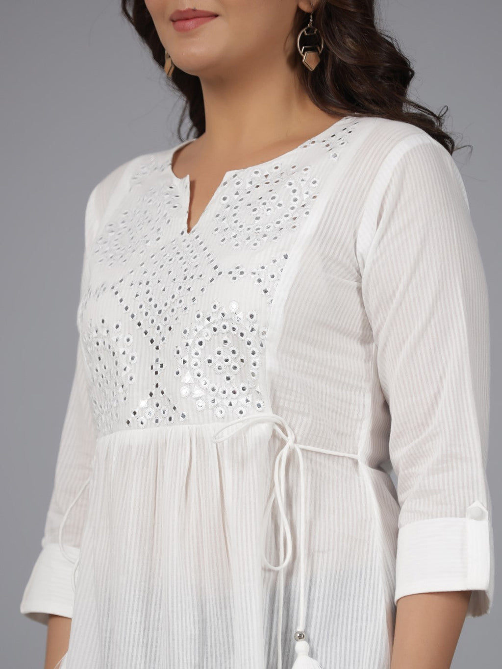 Juniper Women's White Geometric Cotton Dobby Tunic With Mirror Work Embroidery. | Grocsy