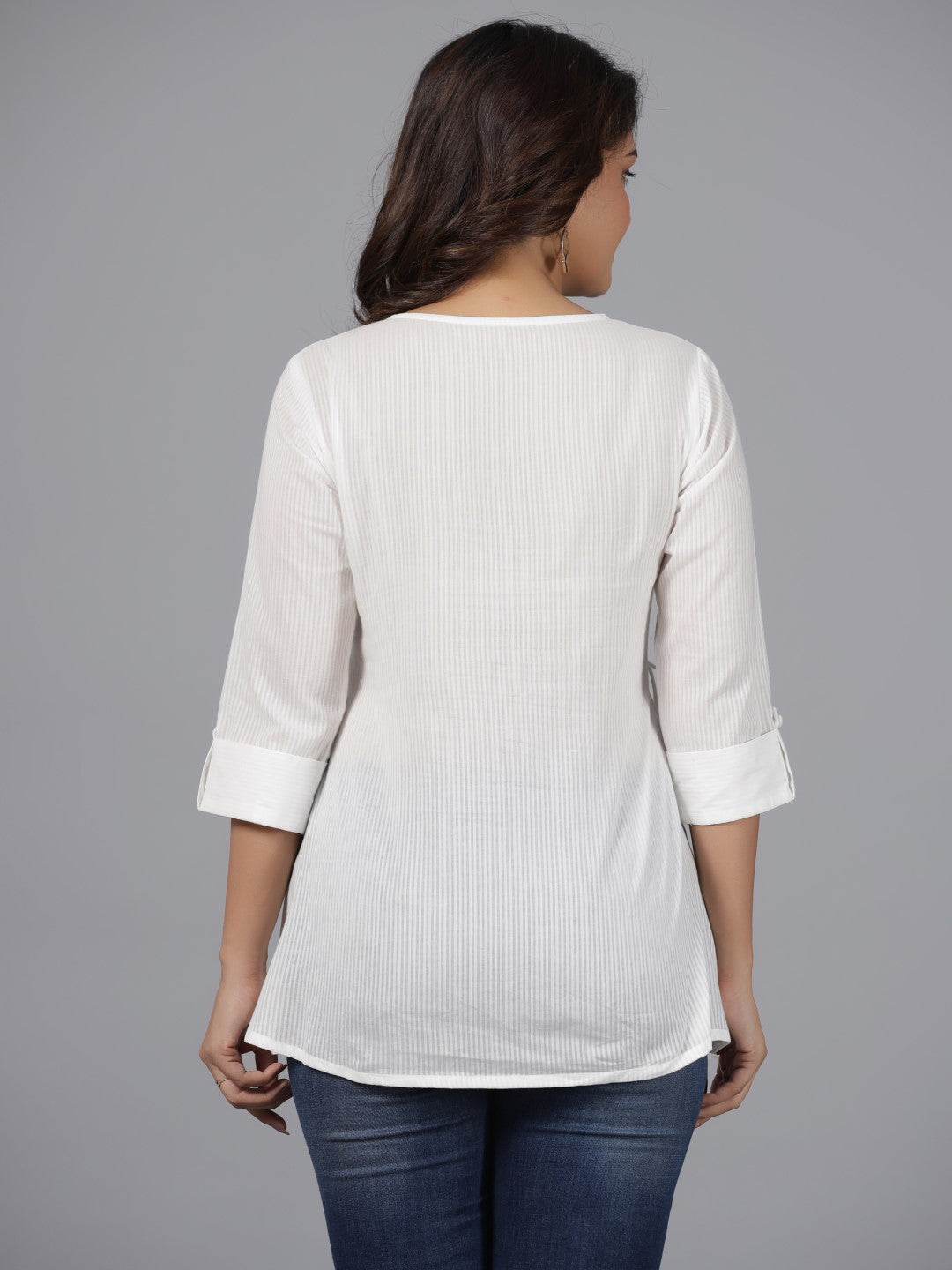 Juniper Women's White Geometric Cotton Dobby Tunic With Mirror Work Embroidery. | Grocsy