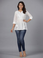 Juniper Women's White Geometric Cotton Dobby Tunic With Mirror Work Embroidery. | Grocsy