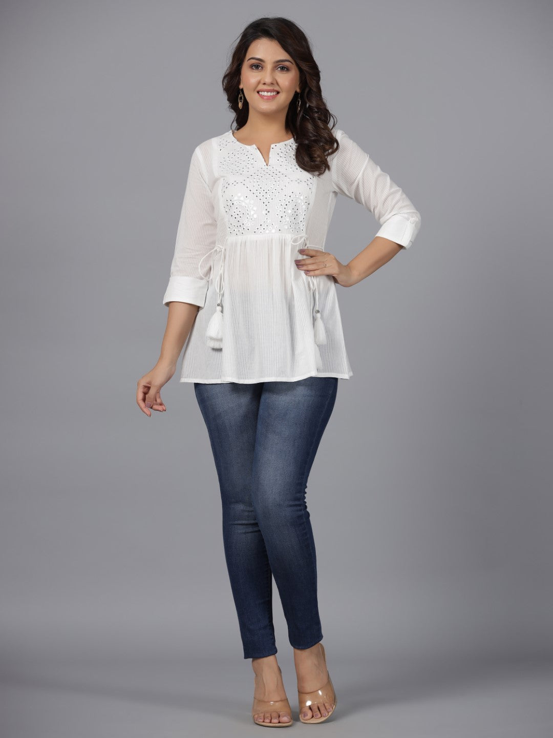 Juniper Women's White Geometric Cotton Dobby Tunic With Mirror Work Embroidery. | Grocsy