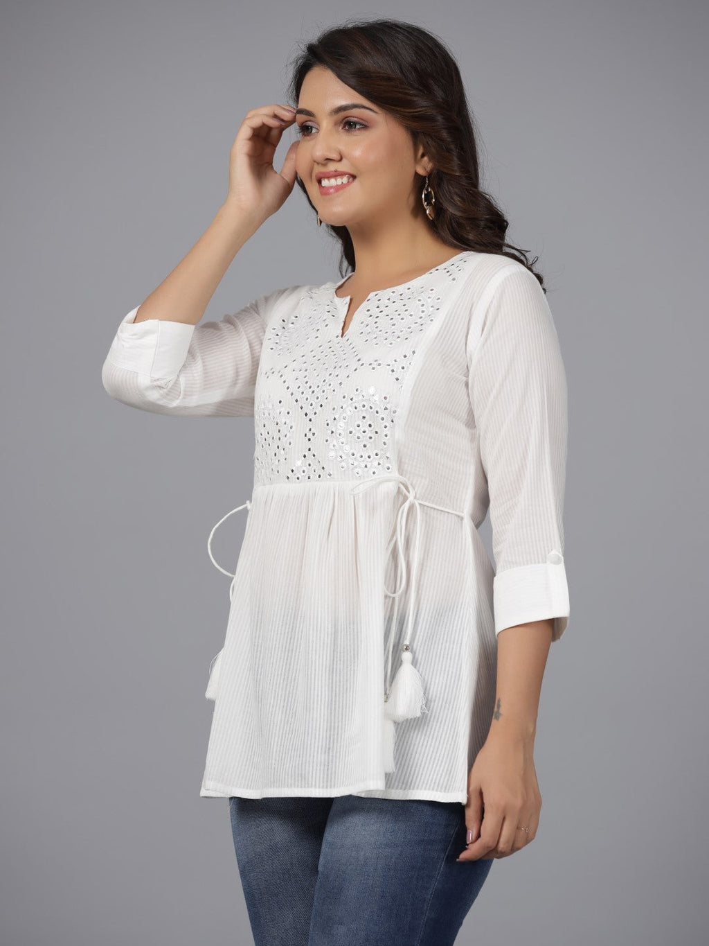 Juniper Women's White Geometric Cotton Dobby Tunic With Mirror Work Embroidery. | Grocsy