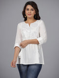 Juniper Women's White Geometric Cotton Dobby Tunic With Mirror Work Embroidery. | Grocsy