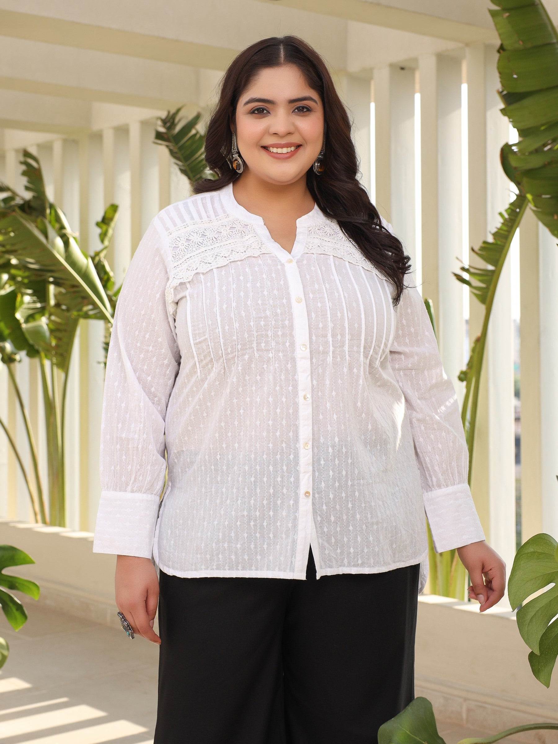 Juniper The Rooh Women White Solid Cotton Dobby High- Low Lacy Plus Size Tunic With Pin Tucks & Broad Cuffs | Grocsy