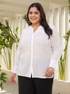 Juniper The Rooh Women White Solid Cotton Dobby High- Low Lacy Plus Size Tunic With Pin Tucks & Broad Cuffs | Grocsy