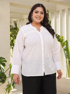 Juniper The Rooh Women White Solid Cotton Dobby High- Low Lacy Plus Size Tunic With Pin Tucks & Broad Cuffs | Grocsy