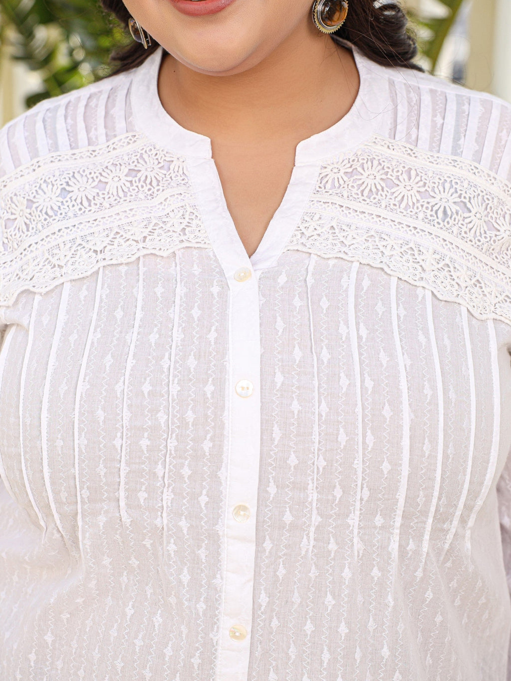 Juniper The Rooh Women White Solid Cotton Dobby High- Low Lacy Plus Size Tunic With Pin Tucks & Broad Cuffs | Grocsy