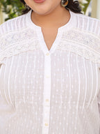 Juniper The Rooh Women White Solid Cotton Dobby High- Low Lacy Plus Size Tunic With Pin Tucks & Broad Cuffs | Grocsy