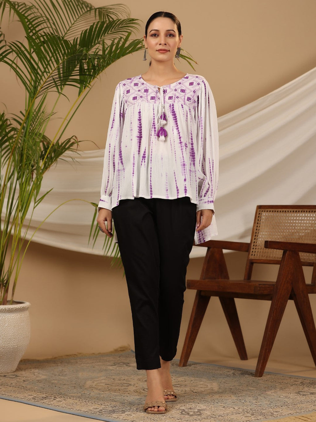 Juniper Women's Lavender Mirror Embroidered Rayon Crepe Tie-Dye Tunic With Tassels | Grocsy