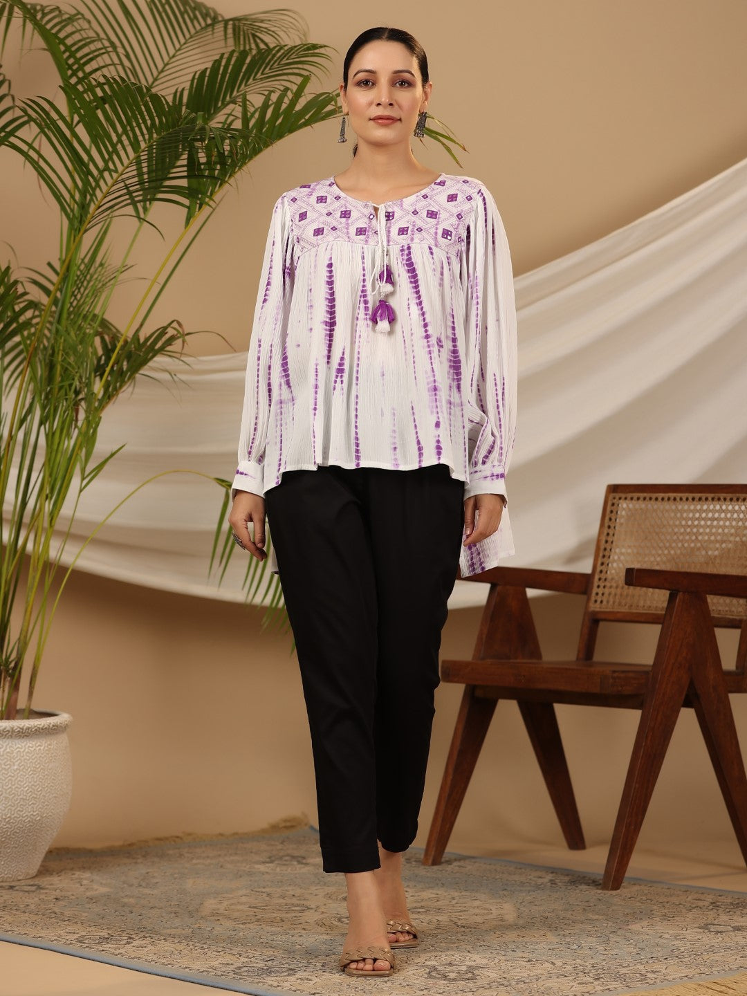 Juniper Women's Lavender Mirror Embroidered Rayon Crepe Tie-Dye Tunic With Tassels | Grocsy