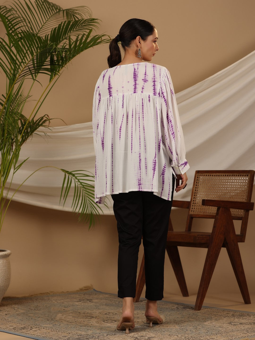 Juniper Women's Lavender Mirror Embroidered Rayon Crepe Tie-Dye Tunic With Tassels | Grocsy