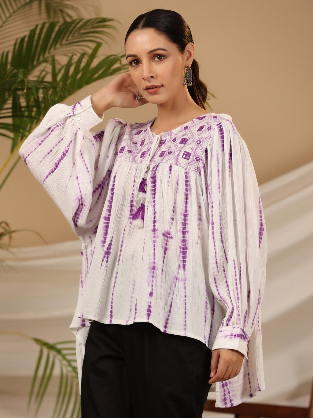Juniper Women's Lavender Mirror Embroidered Rayon Crepe Tie-Dye Tunic With Tassels | Grocsy