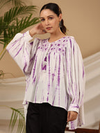 Juniper Women's Lavender Mirror Embroidered Rayon Crepe Tie-Dye Tunic With Tassels | Grocsy