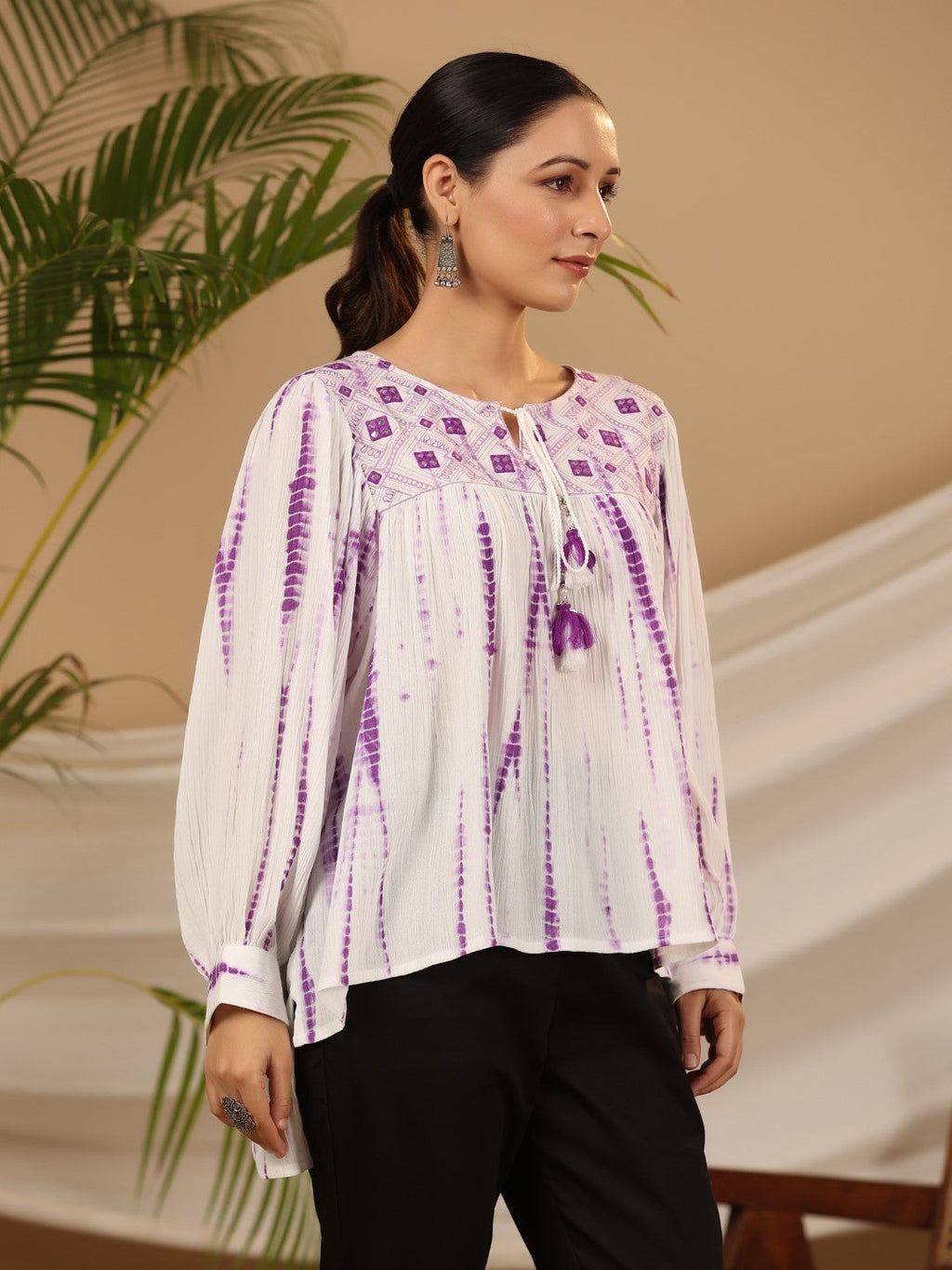 Juniper Women's Lavender Mirror Embroidered Rayon Crepe Tie-Dye Tunic With Tassels | Grocsy