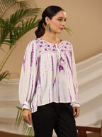 Juniper Women's Lavender Mirror Embroidered Rayon Crepe Tie-Dye Tunic With Tassels | Grocsy