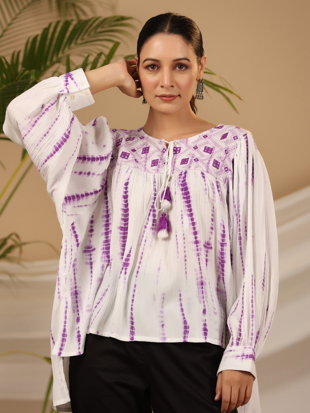 Juniper Women's Lavender Mirror Embroidered Rayon Crepe Tie-Dye Tunic With Tassels | Grocsy