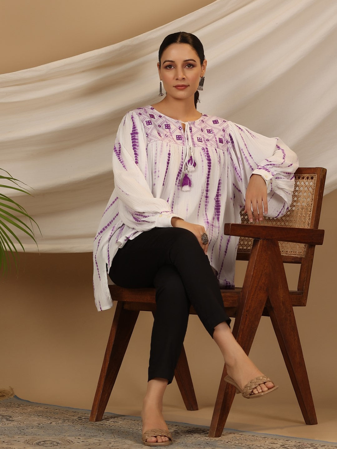 Juniper Women's Lavender Mirror Embroidered Rayon Crepe Tie-Dye Tunic With Tassels | Grocsy