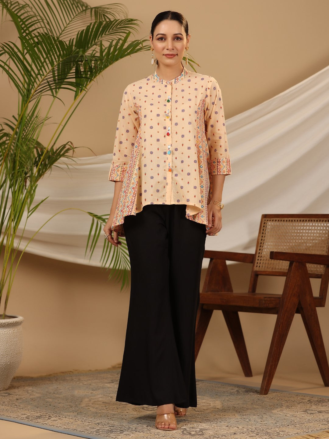 Juniper Women's Peach Tribal Printed Pure Cotton Tunic With Beads Work | Grocsy
