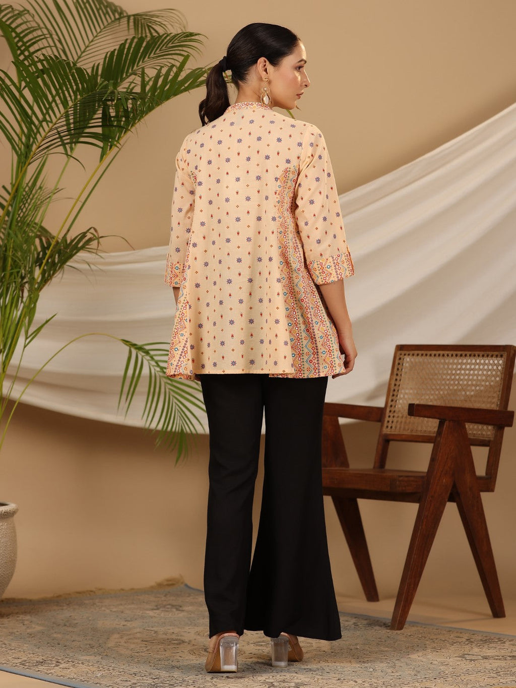 Juniper Women's Peach Tribal Printed Pure Cotton Tunic With Beads Work | Grocsy