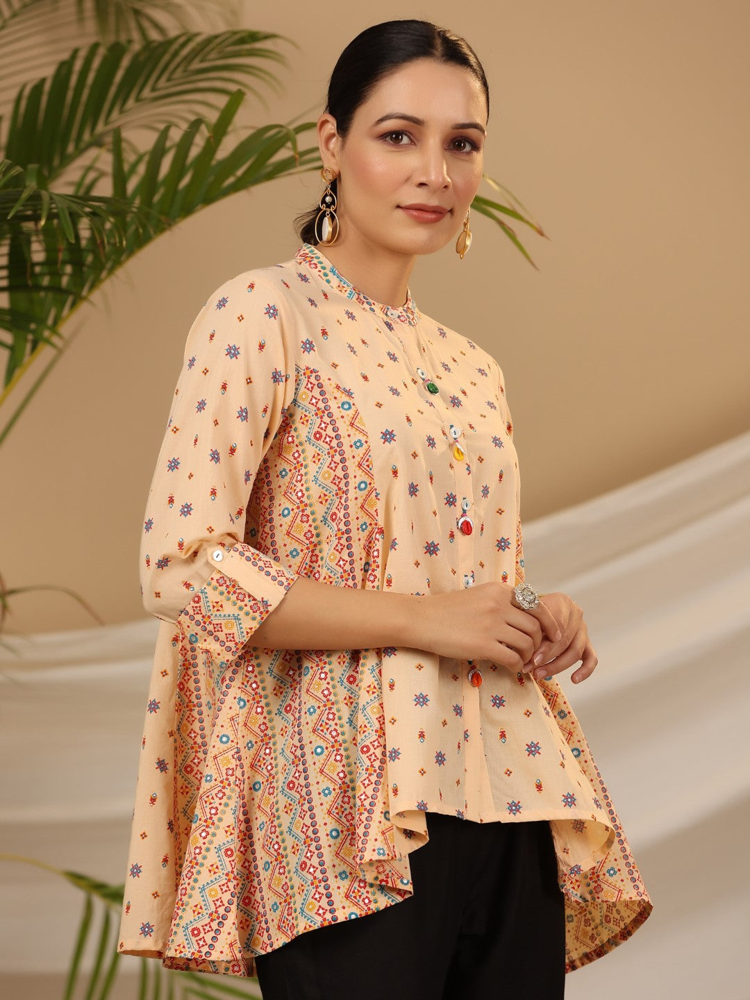 Juniper Women's Peach Tribal Printed Pure Cotton Tunic With Beads Work | Grocsy