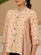 Juniper Women's Peach Tribal Printed Pure Cotton Tunic With Beads Work | Grocsy