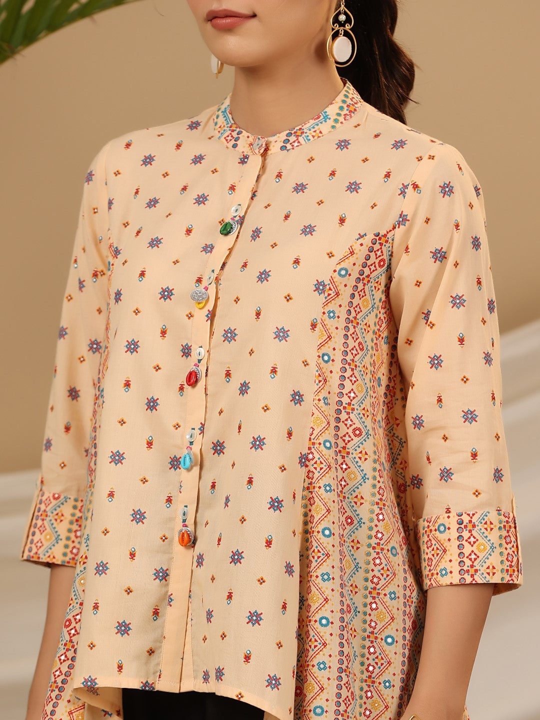 Juniper Women's Peach Tribal Printed Pure Cotton Tunic With Beads Work | Grocsy