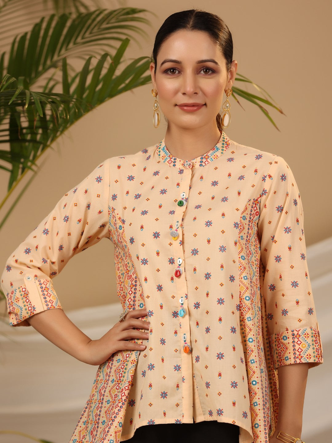 Juniper Women's Peach Tribal Printed Pure Cotton Tunic With Beads Work | Grocsy
