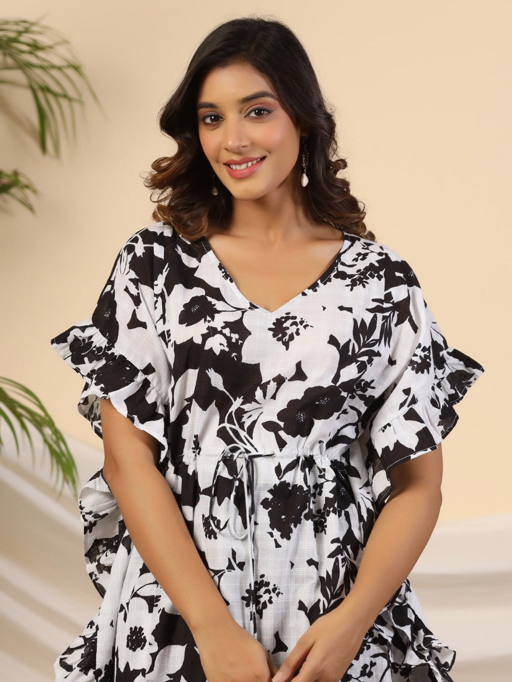 Juniper Black Floral Printed Cotton Dobby Kaftan Tunic | Grocsy
