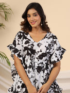 Juniper Black Floral Printed Cotton Dobby Kaftan Tunic | Grocsy