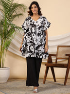 Juniper Black Floral Printed Cotton Dobby Kaftan Tunic | Grocsy
