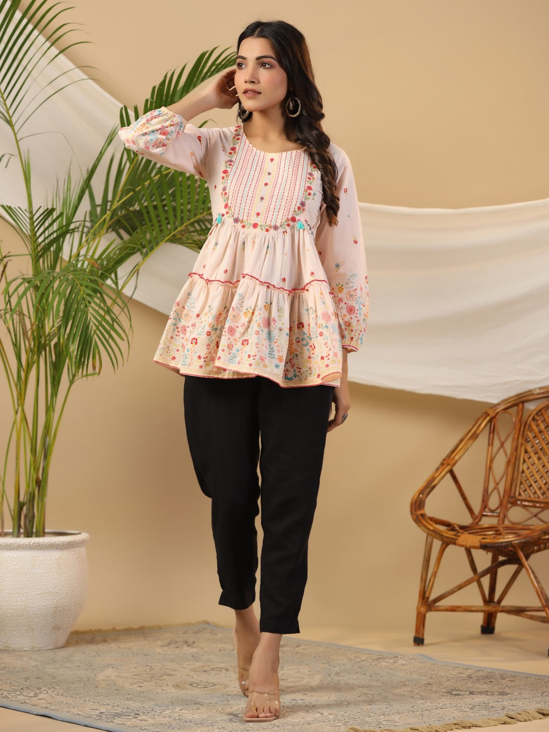 Juniper The Wonderland Women Peach Floral Printed Cotton Peplum Tunic With Thread Embroidery | Grocsy