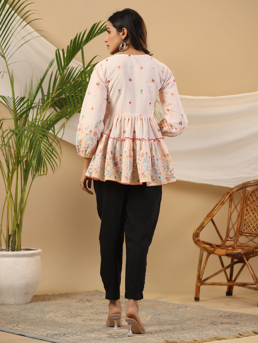 Juniper The Wonderland Women Peach Floral Printed Cotton Peplum Tunic With Thread Embroidery | Grocsy