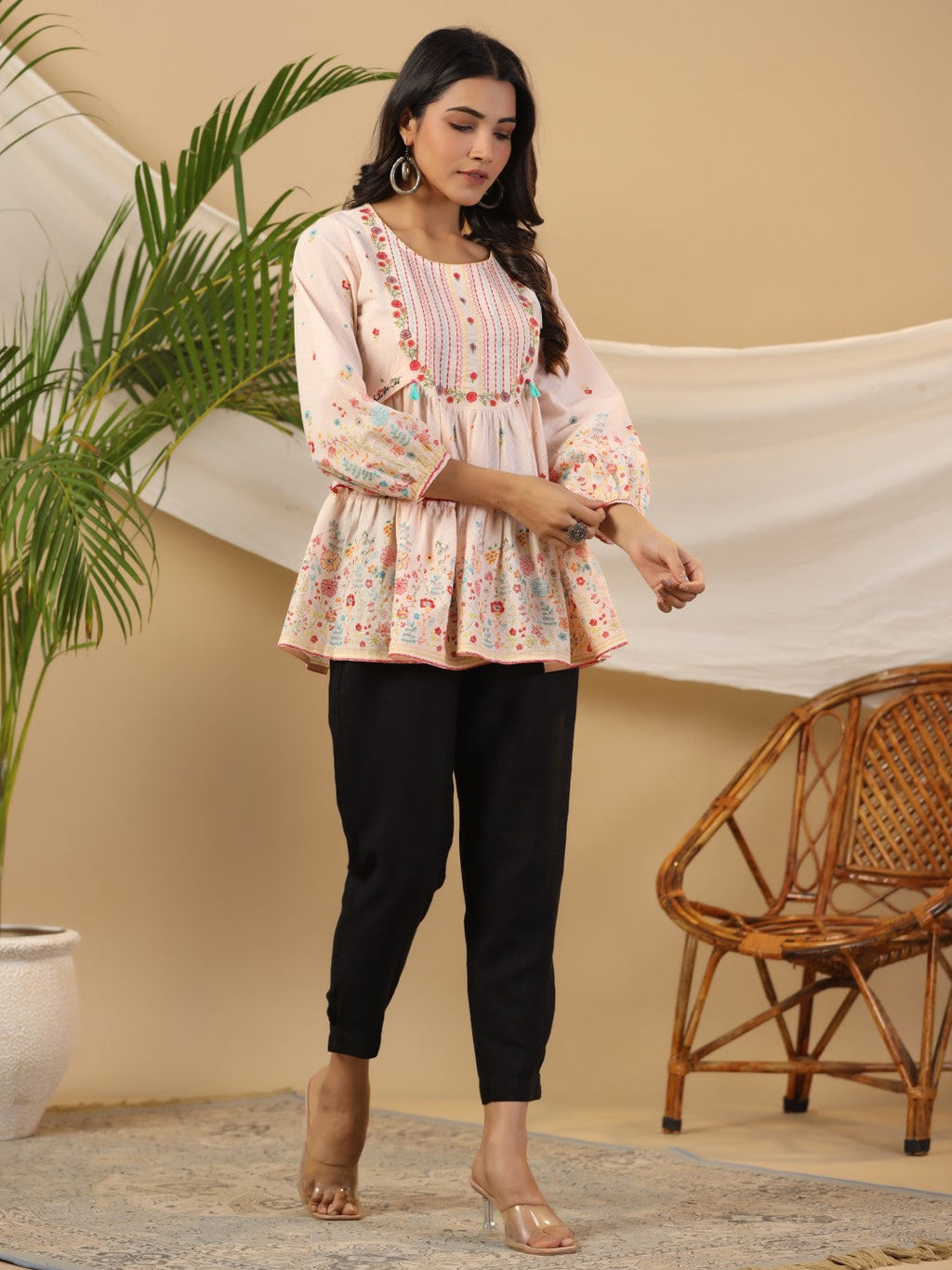 Juniper The Wonderland Women Peach Floral Printed Cotton Peplum Tunic With Thread Embroidery | Grocsy