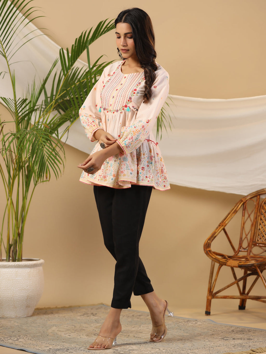 Juniper The Wonderland Women Peach Floral Printed Cotton Peplum Tunic With Thread Embroidery | Grocsy