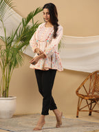 Juniper The Wonderland Women Peach Floral Printed Cotton Peplum Tunic With Thread Embroidery | Grocsy