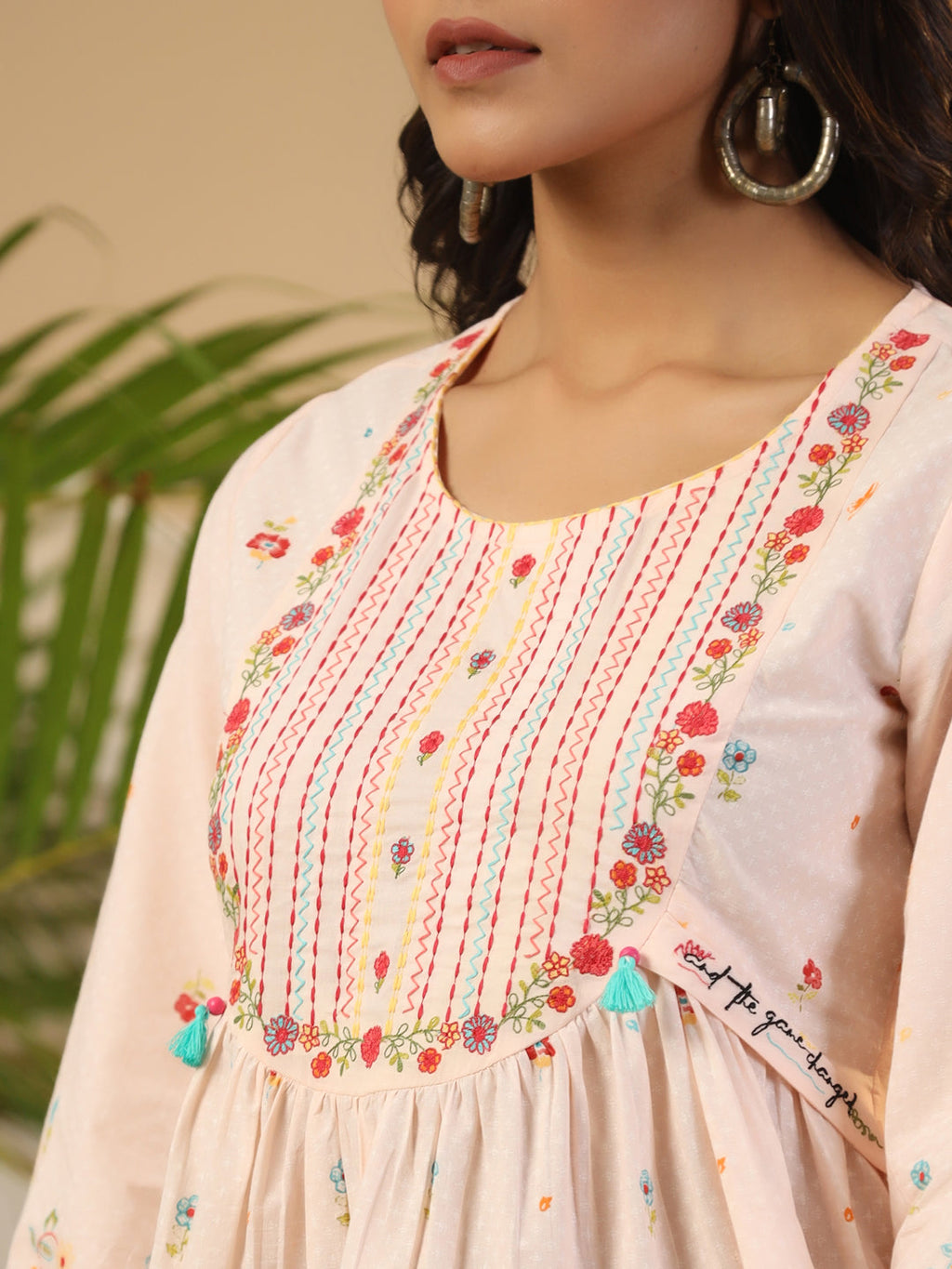 Juniper The Wonderland Women Peach Floral Printed Cotton Peplum Tunic With Thread Embroidery | Grocsy
