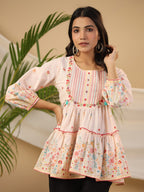 Juniper The Wonderland Women Peach Floral Printed Cotton Peplum Tunic With Thread Embroidery | Grocsy