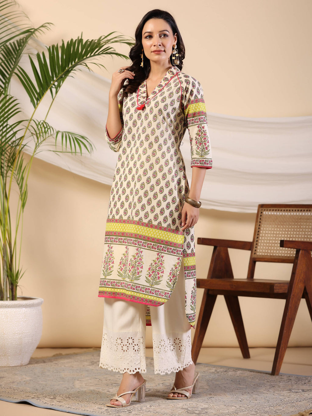 Juniper Women Beige Ethnic Motif Printed High Low Cotton Kurta With Kaudis Tassels & Contract Piping | Grocsy