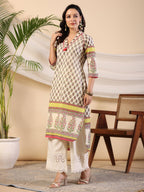 Juniper Women Beige Ethnic Motif Printed High Low Cotton Kurta With Kaudis Tassels & Contract Piping | Grocsy