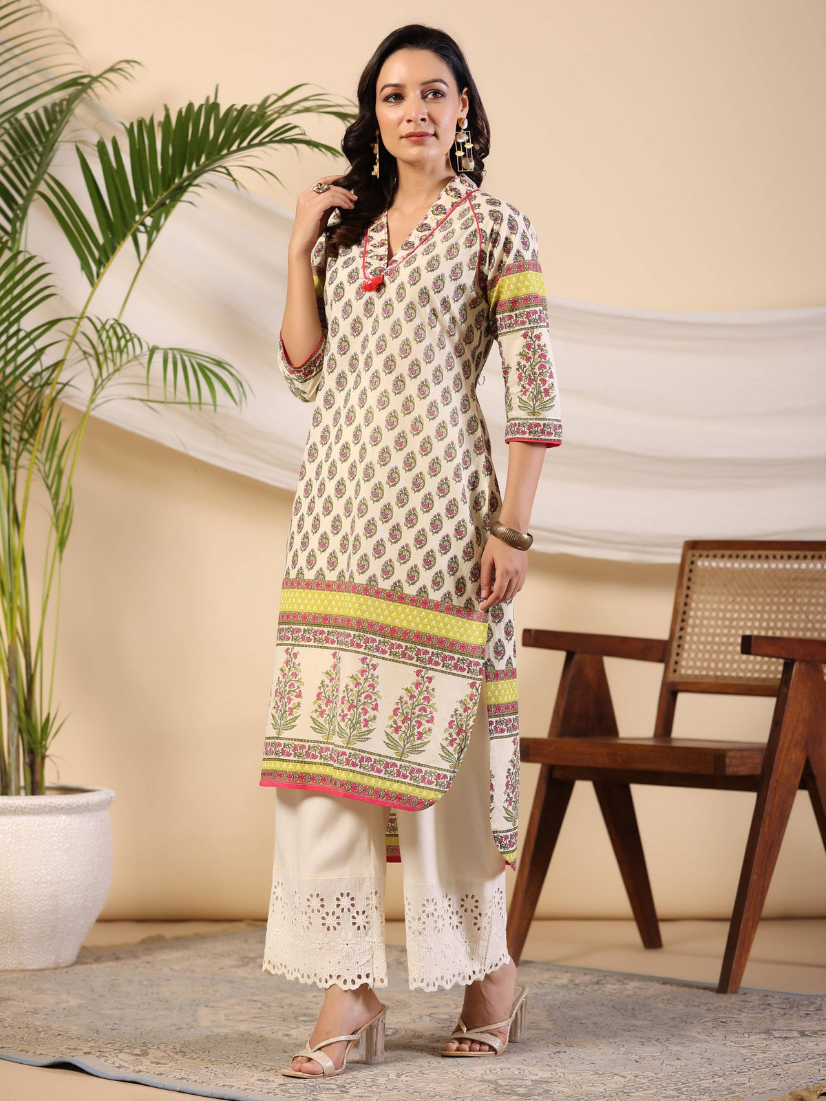 Juniper Women Beige Ethnic Motif Printed High Low Cotton Kurta With Kaudis Tassels & Contract Piping | Grocsy