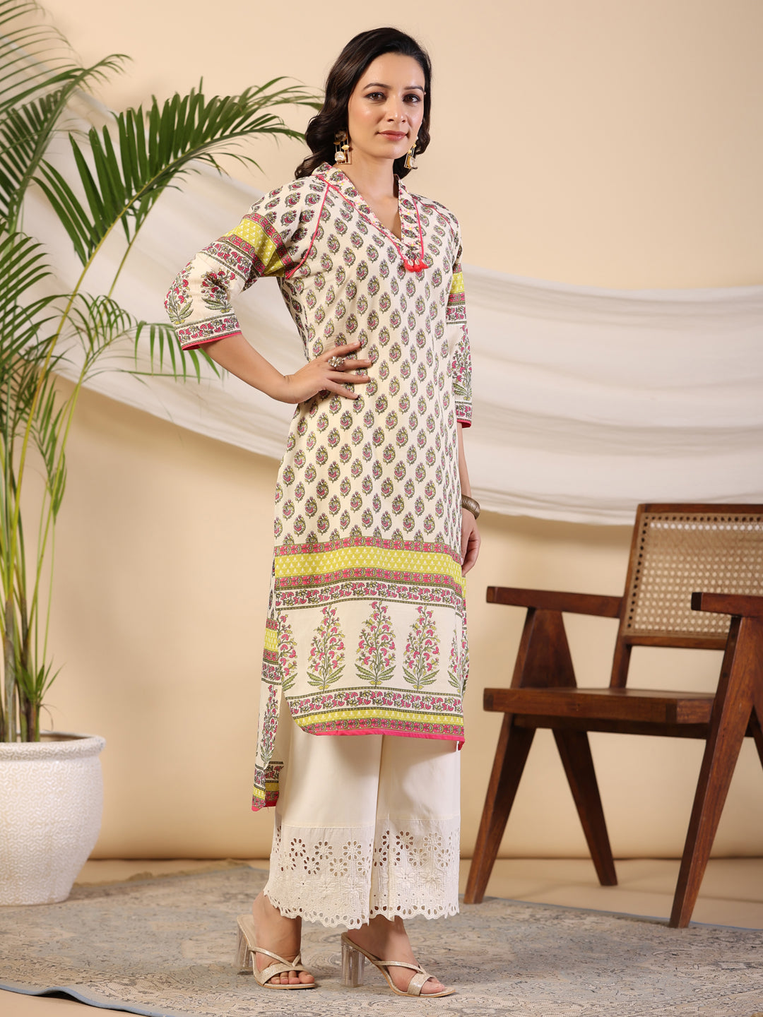 Juniper Women Beige Ethnic Motif Printed High Low Cotton Kurta With Kaudis Tassels & Contract Piping | Grocsy