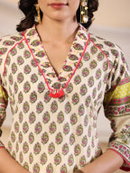 Juniper Women Beige Ethnic Motif Printed High Low Cotton Kurta With Kaudis Tassels & Contract Piping | Grocsy