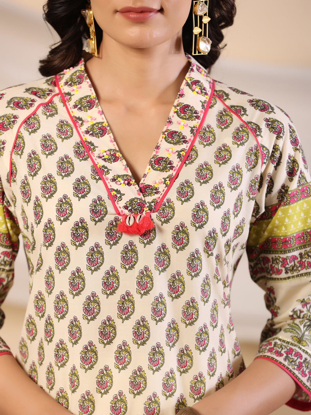 Juniper Women Beige Ethnic Motif Printed High Low Cotton Kurta With Kaudis Tassels & Contract Piping | Grocsy