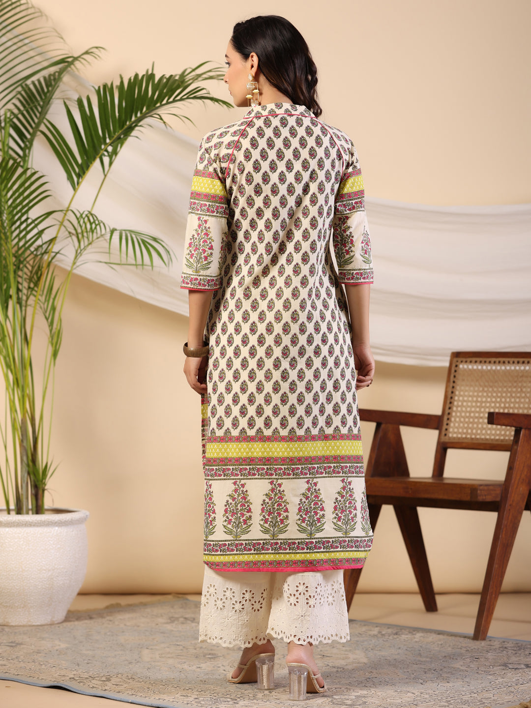 Juniper Women Beige Ethnic Motif Printed High Low Cotton Kurta With Kaudis Tassels & Contract Piping | Grocsy