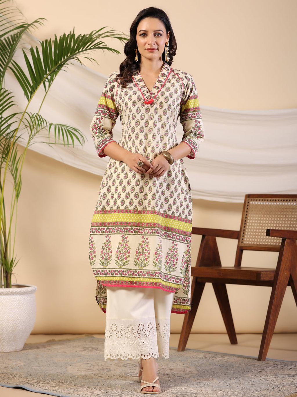 Juniper Women Beige Ethnic Motif Printed High Low Cotton Kurta With Kaudis Tassels & Contract Piping | Grocsy